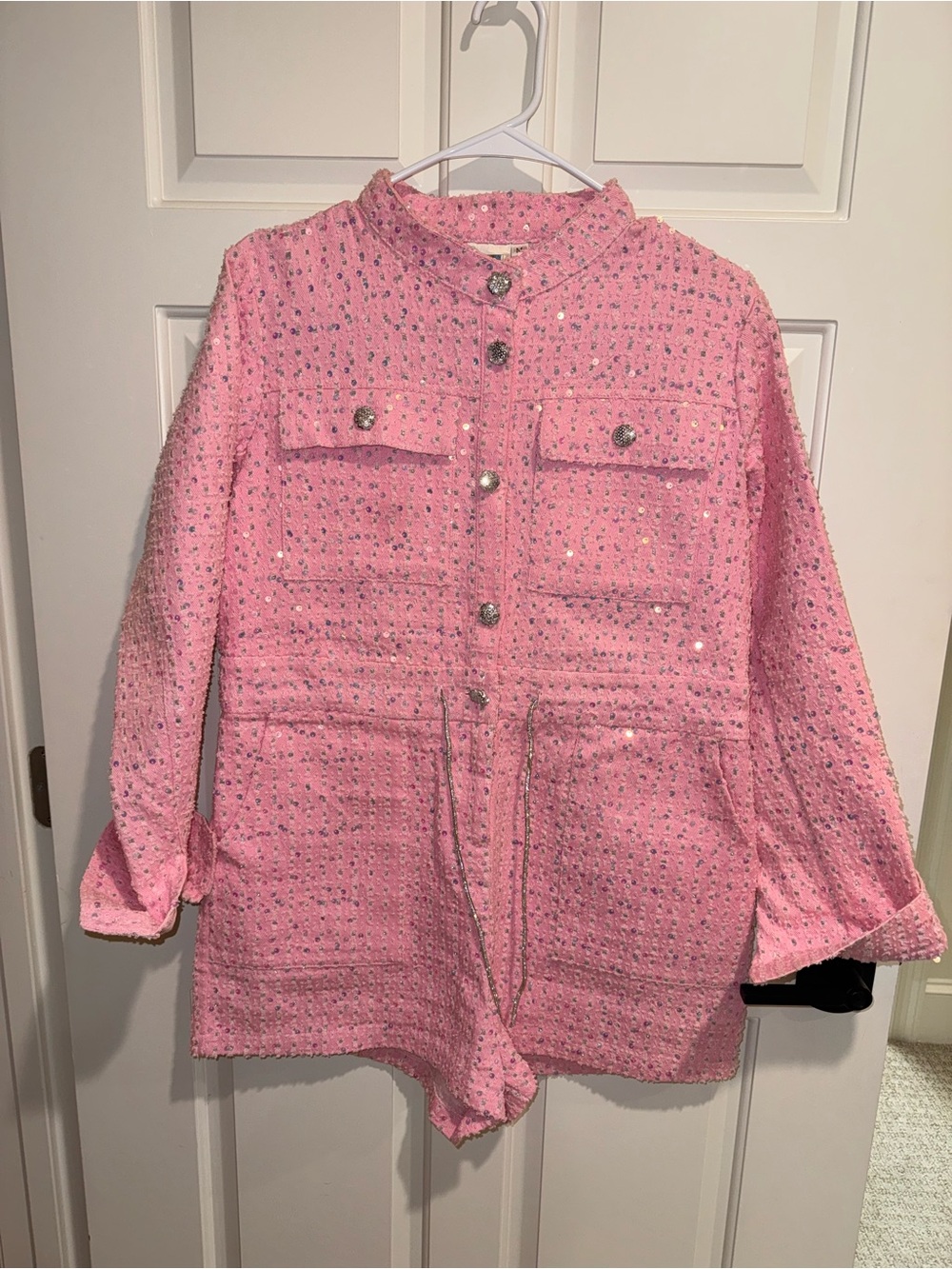 QUEEN OF SPARKLES Pink Sequin Tweed Shorts Romper Jumpsuit Medium